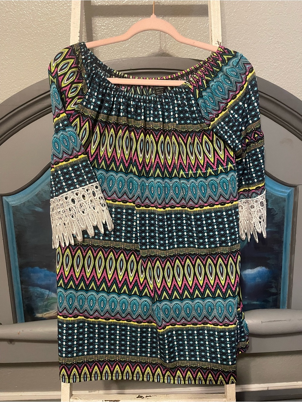 WinWin Teal Multicolor Off-Shoulder Tunic with Cream Crochet Trim Dress